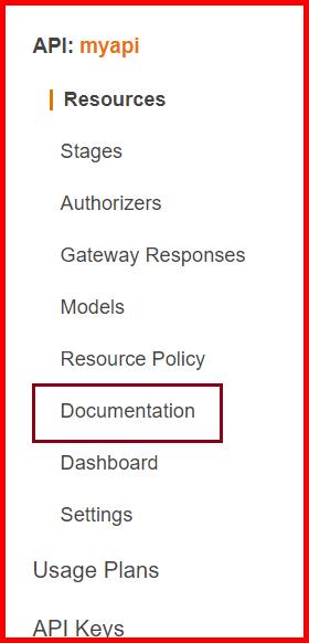 Picture showing the Documentation menu in API gateway